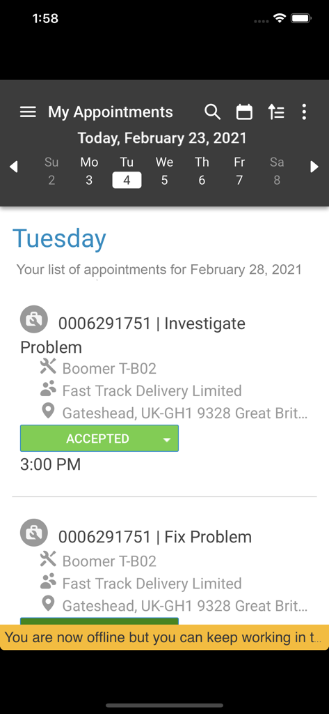 Mobile interface of Infor MFS Cloud app showing a technician daily appointment list with job details and offline mode status