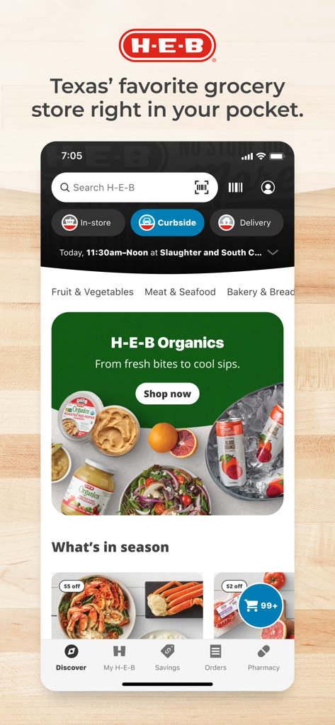 Home screen of the My H-E-B mobile app showing grocery shopping options and H-E-B Organics promotion.