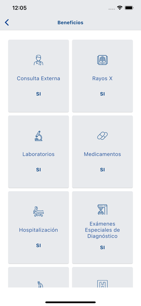 Screenshot of the RPN mobile app showing a grid of covered healthcare benefits including outpatient consultations and medications