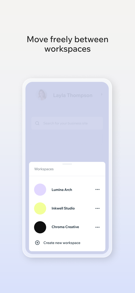 Wix Studio - Mobile Benutzeroberfläche von Wix Studio, die eine Liste mehrerer Agentur-Arbeitsbereiche zum Wechseln anzeigt