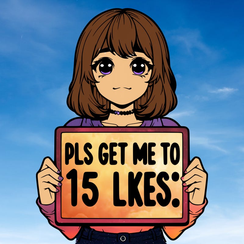 realistic girl holding up a sign that says “pls get me to 15 likes!”