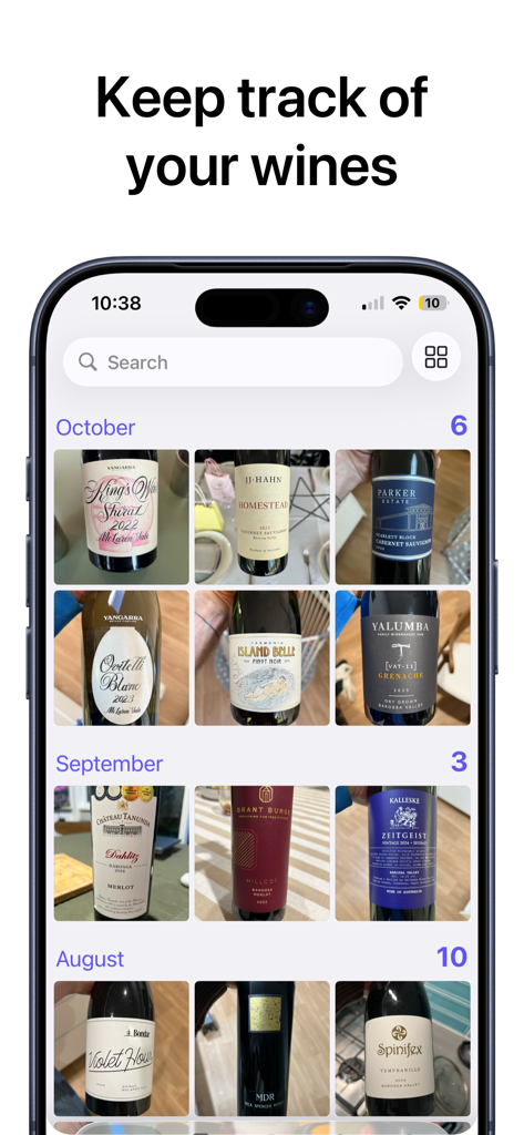 gotBottle: Wine Notes - A mobile app interface displaying a grid of photographed wine labels categorized by month for easy tracking