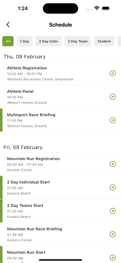 Kathmandu Coast to Coast - Race schedule screen of the Kathmandu Coast to Coast app showing athlete registration and event start times.