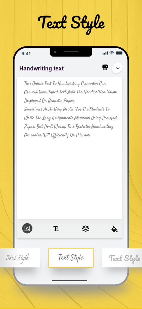 Un écran de smartphone affichant du texte écrit à la main réaliste avec diverses options de style de police