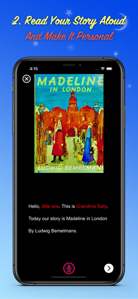 Read Me A Story - Interface showing a personalized recording session of Madeline in London by Grandma Sally