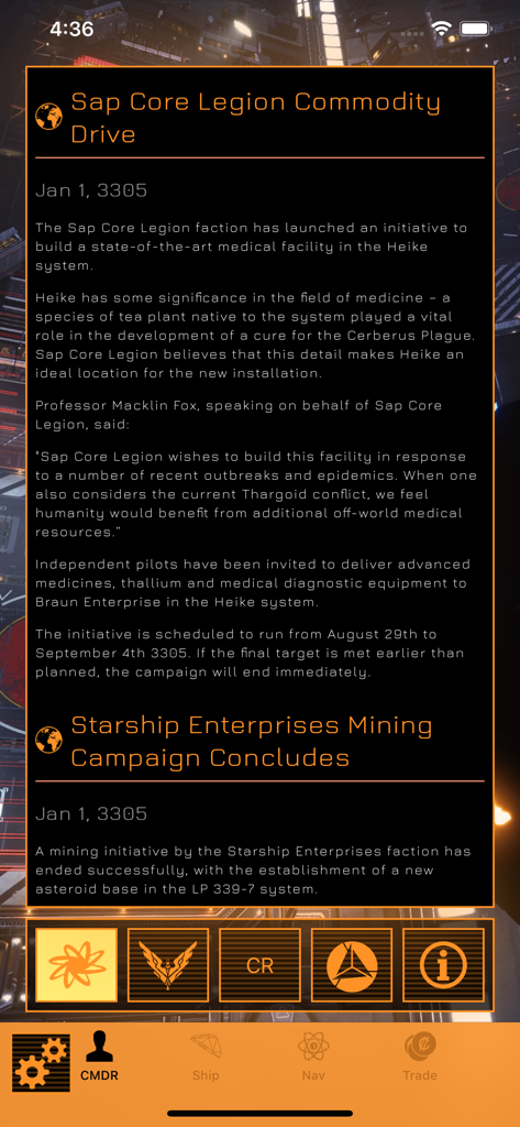 EVA - EVA app screen displaying Galnet news articles about space missions