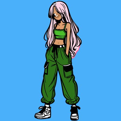 girl in baggy pants crop top and long hair