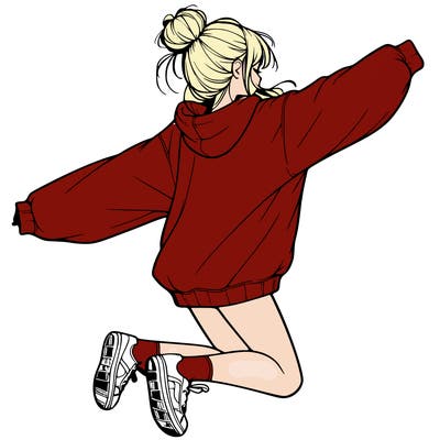 realistic girl jumping with a bun and oversized sweatshirt