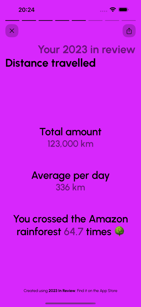App screen showing yearly travel distance statistics and summary