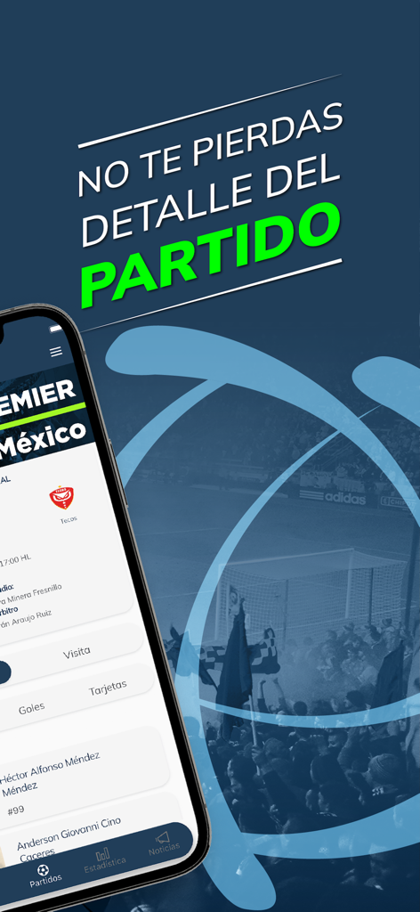 LIGA PREMIER Oficial - Mobile interface of the LIGA PREMIER Oficial app showing match details and player statistics