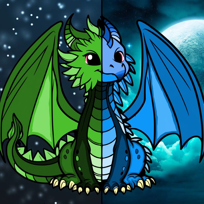 split drawing of a dragon