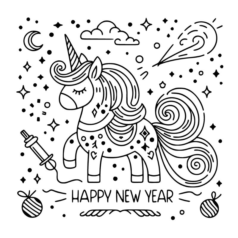 happy new year illustration calligraphic style outline; thin lines; light colors