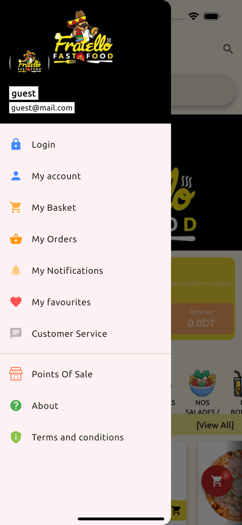 Fratello Fast Food - Fratello Fast Food mobile app navigation menu with account basket and order options