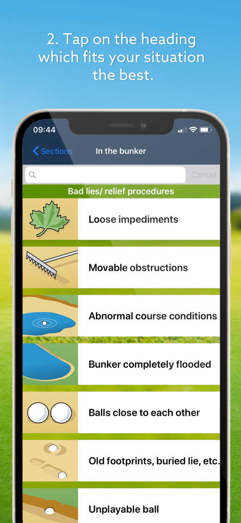 A menu screen from the Expert Golf app displaying rules and relief procedures for common situations encountered in a golf bunker.