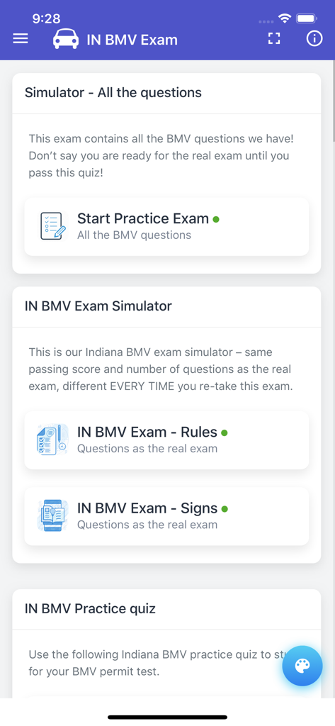 Indiana BMV Practice Exam - Indiana BMV practice exam selection screen featuring simulator rules and signs