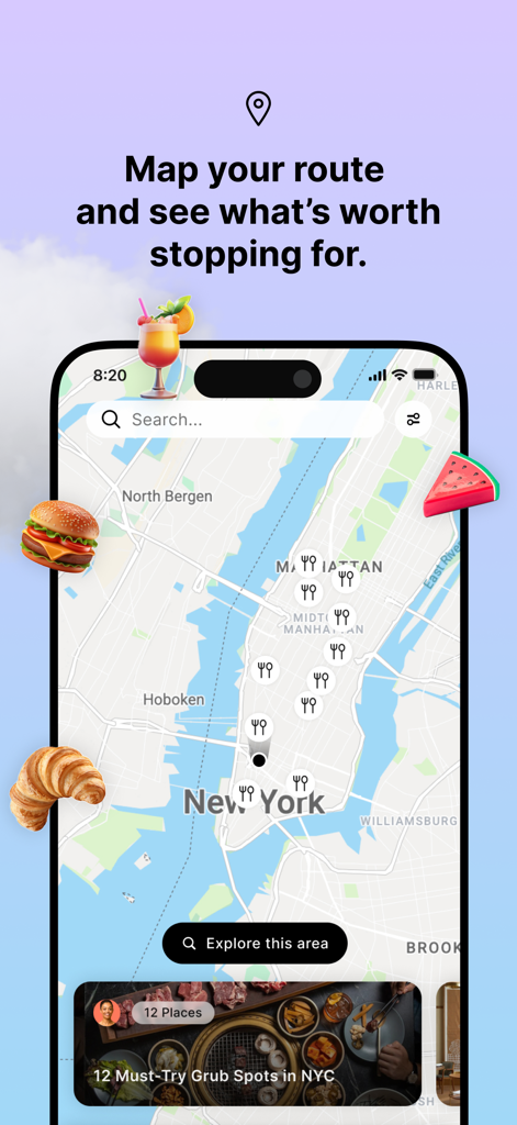 A map of New York City within the Mindtrip app showing recommended dining spots and travel route options.