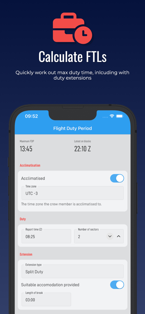Interfaccia dell'app Calcolatore EASA FTL che mostra le impostazioni del periodo di servizio di volo e dell'estensione del servizio