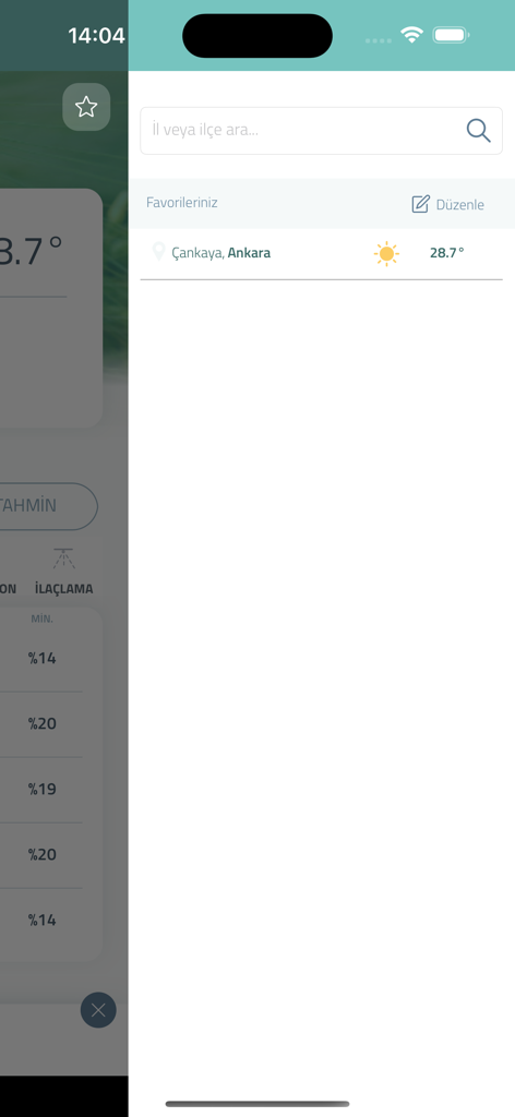 Tarımsal Hava Tahmini - Search and favorites screen in the agricultural weather forecast app showing current temperature for Ankara