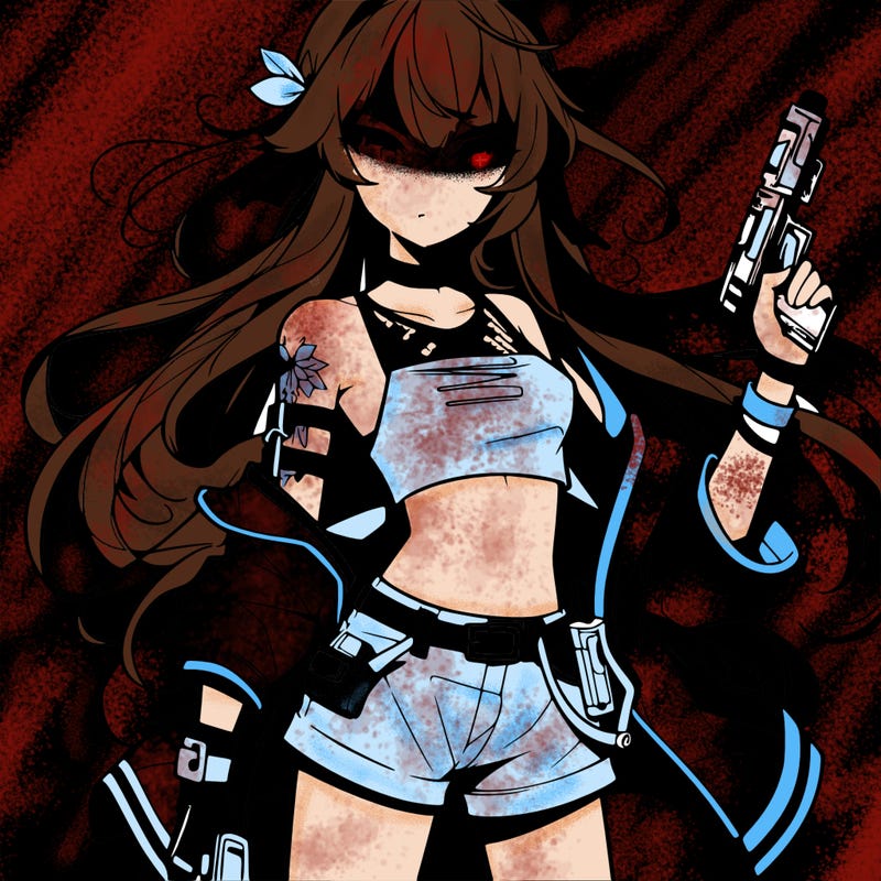 bad girl wearing crop top holding a gun long hair anime