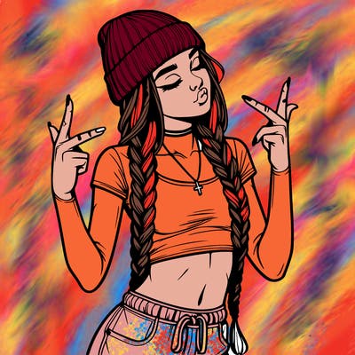 realistic teenage girl with braids and a beanie and crop top doing 🫶🏼
