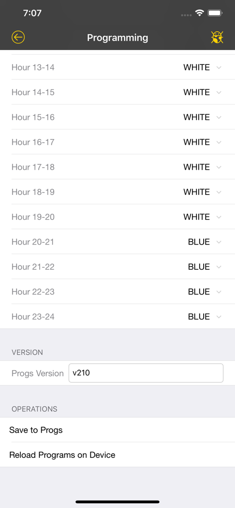 ESP Home - ESP Home app programming screen displaying hourly light schedules and device version settings