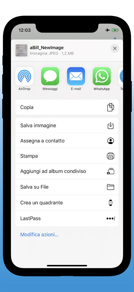 iOS sharing menu in aBill showing options to export a scanned receipt via email or messages