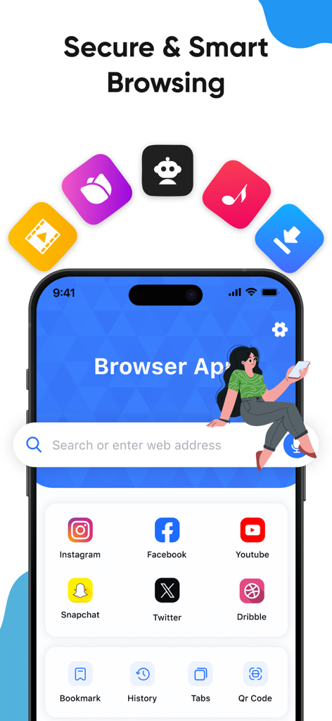 Internet Browser : Private Web - Interface of a secure and smart mobile web browser featuring quick access icons for social media and a search bar.