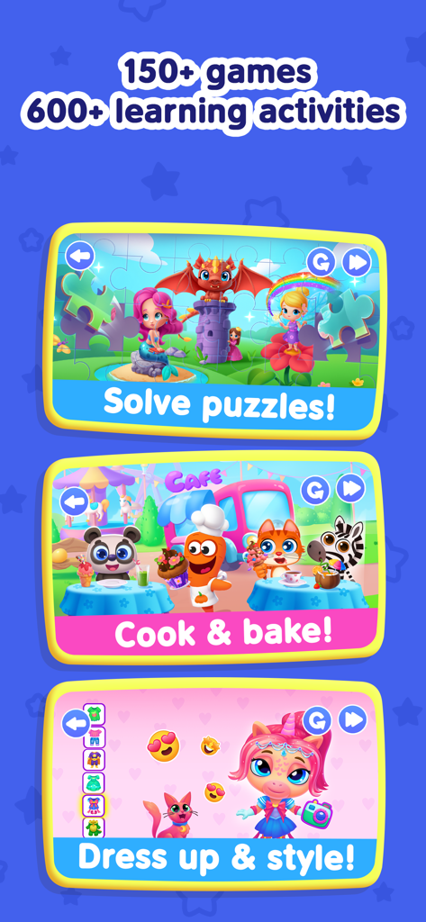 Educational app screen showing mini games for solving puzzles, cooking, and character dress up.