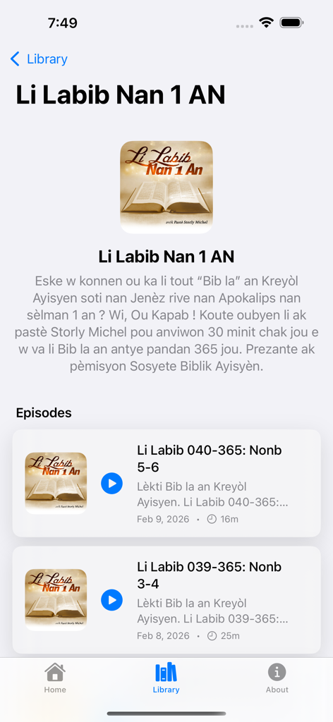 Radio 4VEH - Radio 4VEH mobile app library section showing list of Bible study episodes in Haitian Creole