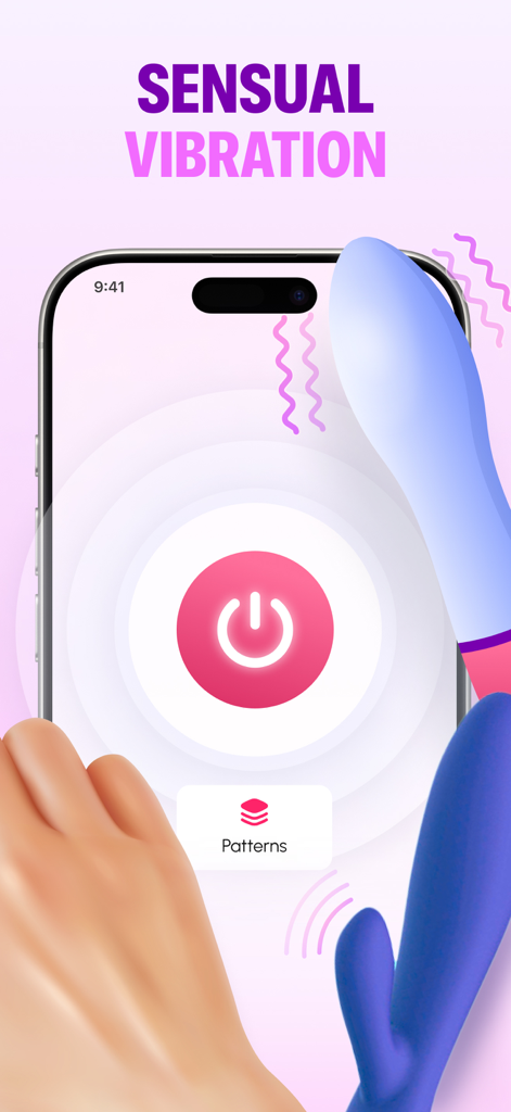 Smartphone screen displaying the Vibrator Massager App with a large power button and sensual vibration text.