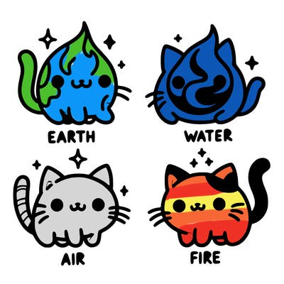 4 cats that represent the different elements, earth, water, air, and fire