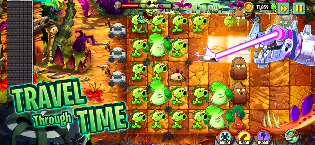 Gioco Plants vs Zombies 2 che mostra piante che difendono dal Dr Zomboss in un'ambientazione preistorica con testo Viaggio nel Tempo