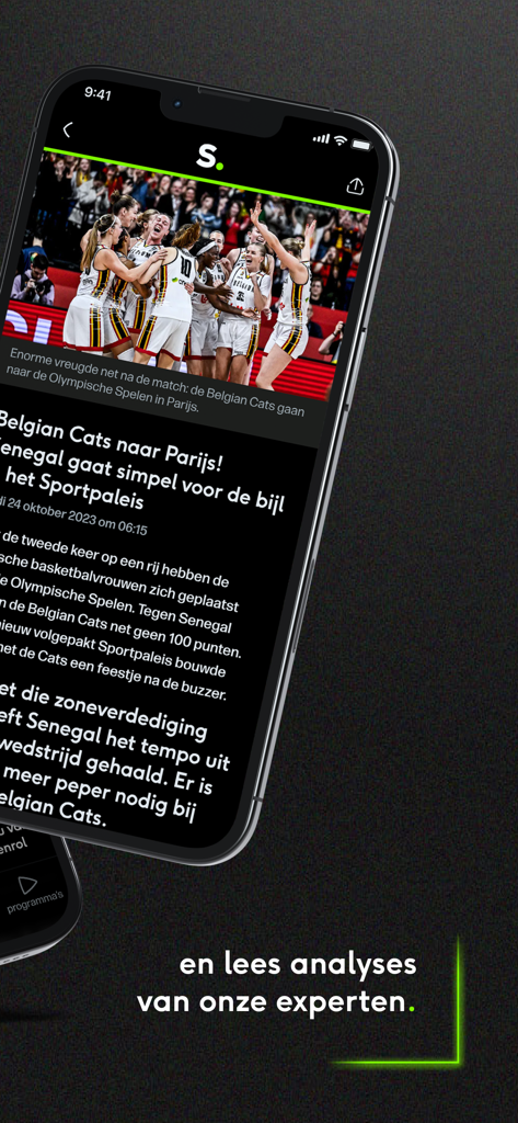 Sporza - Sporza mobile app displaying a news article about the Belgian Cats basketball team and expert sports analysis