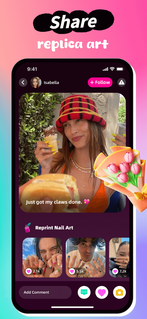 A mobile social feed on the Tiala app where users share their latest nail art designs and interact with others.