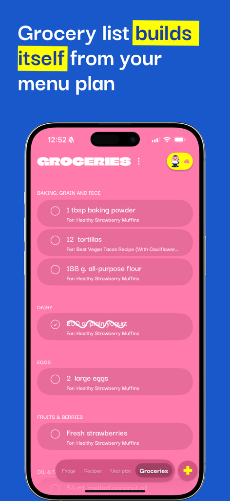 Menu planner - OH, a potato! - Écran d'application mobile affichant une liste de courses générée automatiquement à partir d'un plan de repas avec les ingrédients organisés par catégorie.