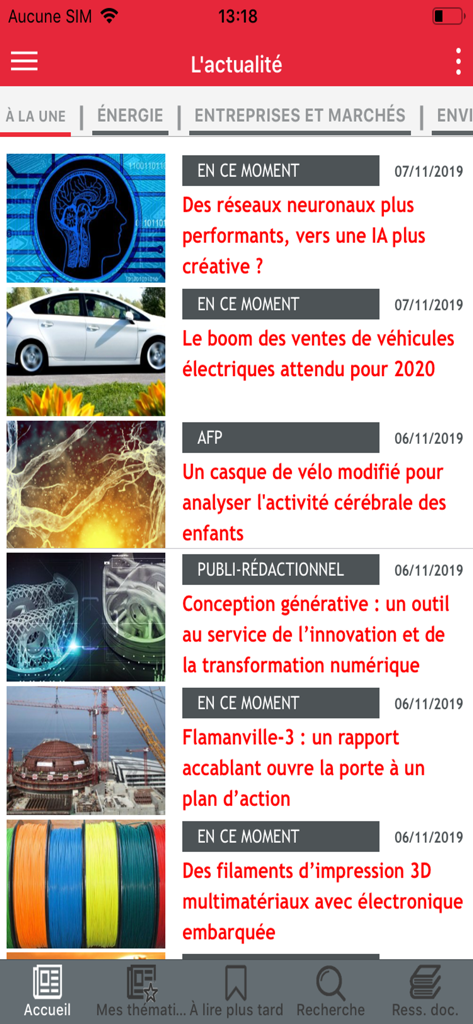 Mobile app interface of Techniques de l'Ingénieur news feed showing technical and industrial innovation articles