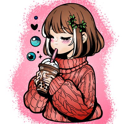 manga girl drinking boba in cozy sweater