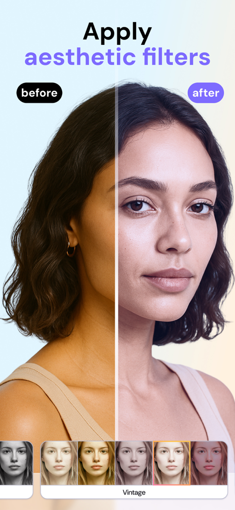 FaceAI・Face & Makeup AI Editor - Before and after comparison of aesthetic filters on a portrait in the FaceAI app
