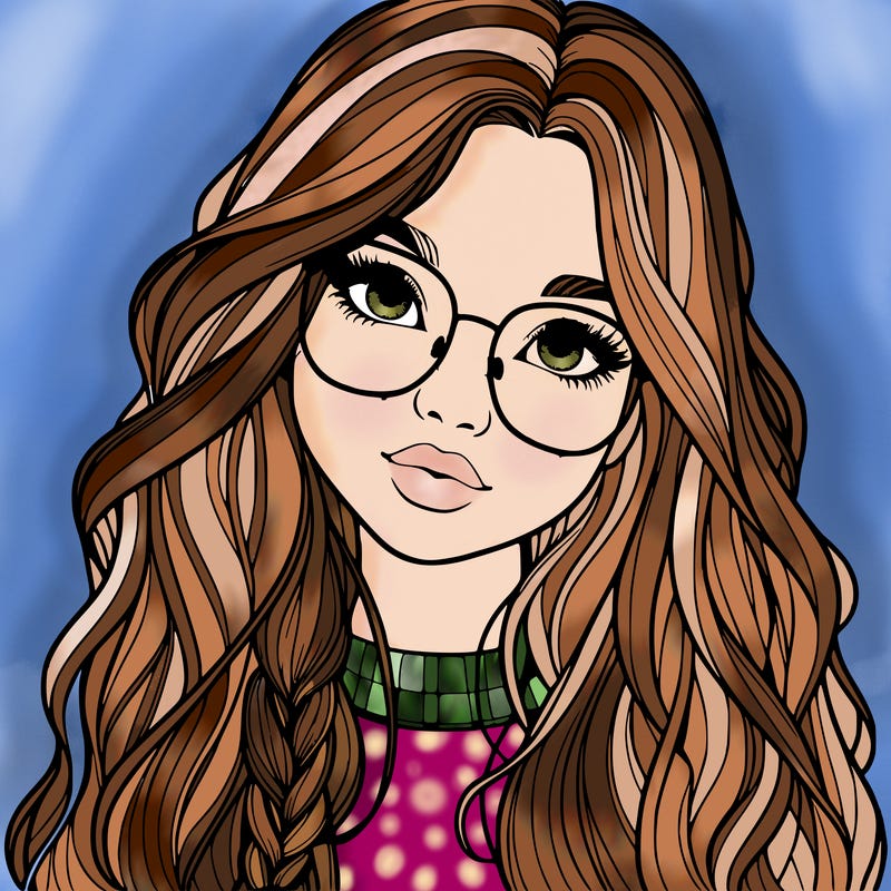 girl with long hair and freckles and glasses realistic