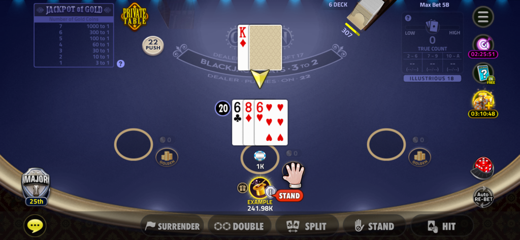 A player deciding to stand with a hand total of 20 in House of Blackjack 21