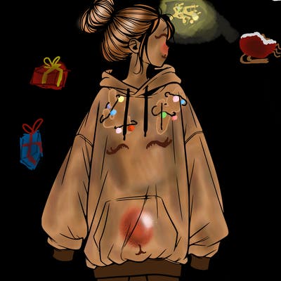 realistic girl with a oversized sweatshirt on and a bun