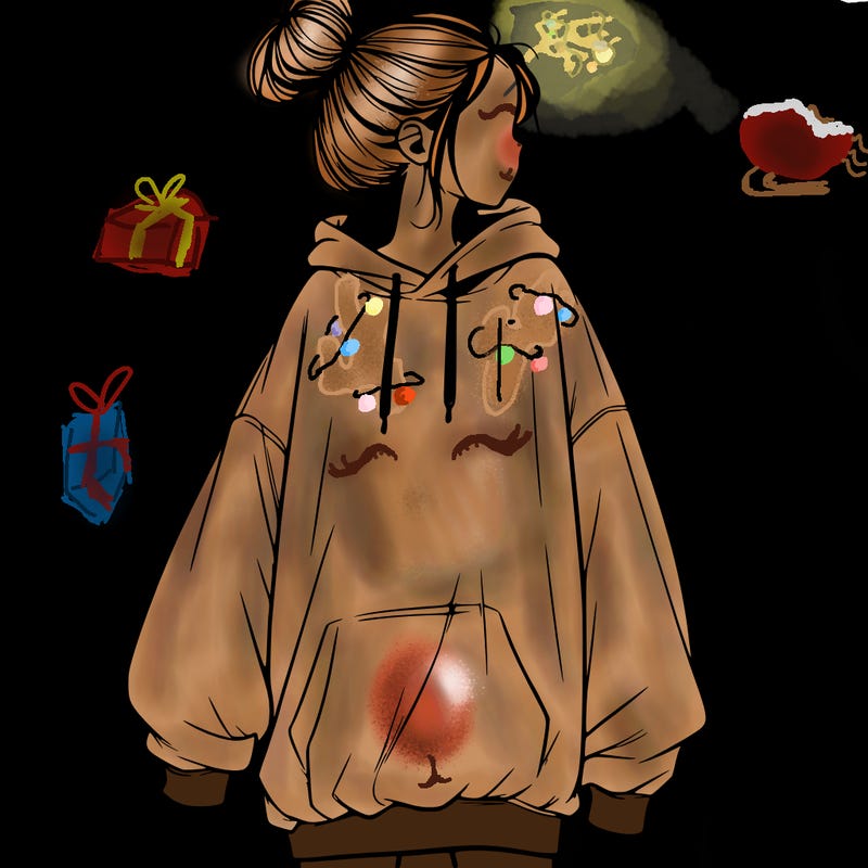 realistic girl with a oversized sweatshirt on and a bun