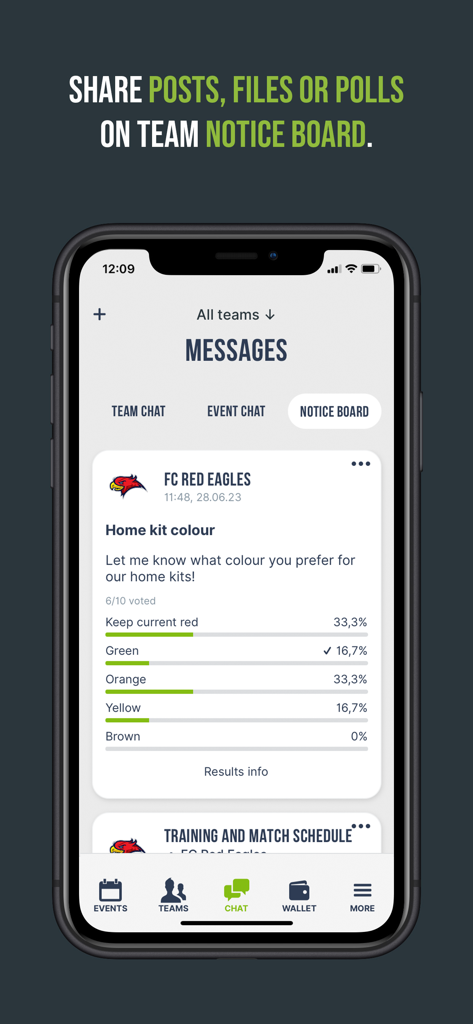 Smartphone-Bildschirm zeigt das Teamheadz-Schwarzes-Brett mit einer Teamabstimmung über Trikotfarben