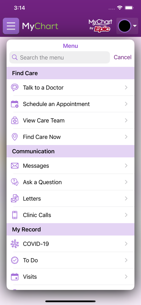 Main menu of the Trinity Health MyChart app showing options for scheduling appointments, messaging doctors, and viewing health records.