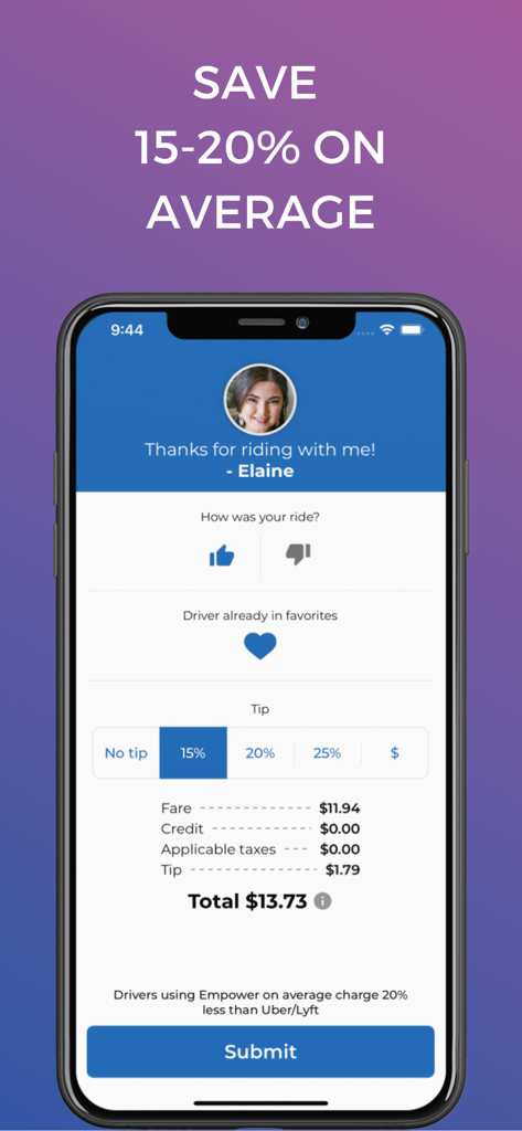 Empower - Your ride, your way - Empower app screenshot showing ride summary details tip selection and a headline about saving 15 to 20 percent on rideshare costs