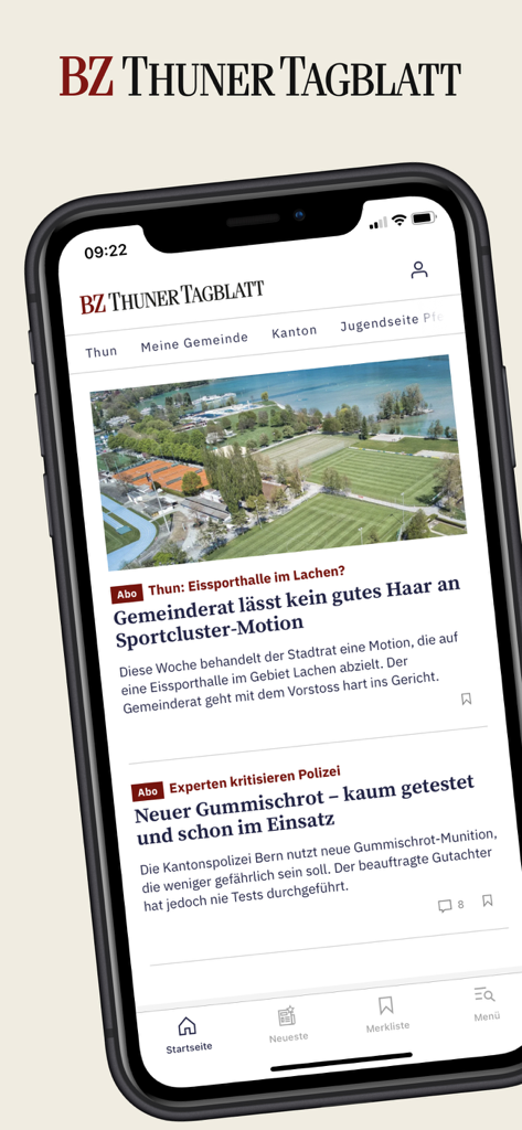 BZ Thuner Tagblatt - Home screen of the BZ Thuner Tagblatt news app showing local headlines and articles from the Thun and Bern region