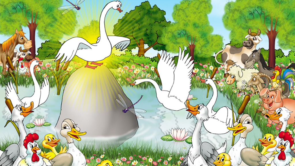 The Ugly Duckling Book - The ugly duckling transformed into a beautiful swan standing on a rock surrounded by forest animals.
