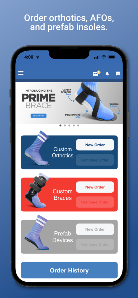 Forward Motion Medical - Main dashboard of the Forward Motion Medical app for ordering custom orthotics and braces