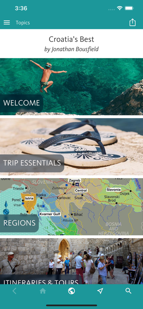 Croatia’s Best: Travel Guide - 여행 필수품, 지역, 일정 섹션을 보여주는 크로아티아 최고의 여행 가이드 앱의 메인 메뉴.