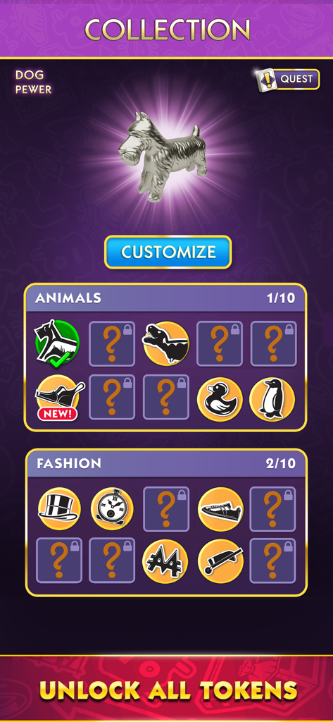 Die Sammlungsansicht von Monopoly Solitaire mit verschiedenen freischaltbaren Spielsteinen wie dem Scottie-Hund und dem Zylinder.